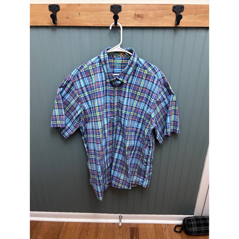 Alan Flusser Mens Plaid Short Sleeve Button Down Shirt Blue Multi Paisley XL